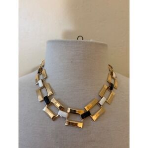 Gold Tone Geometric‎ Link Necklace Black White Enamel Statement J1238